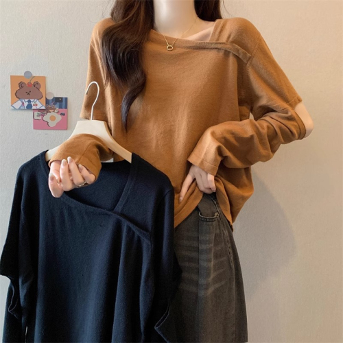 Original workmanship long-sleeved T-shirt bottoming shirt for women in autumn plus size fat MM slimming unique design hollow top