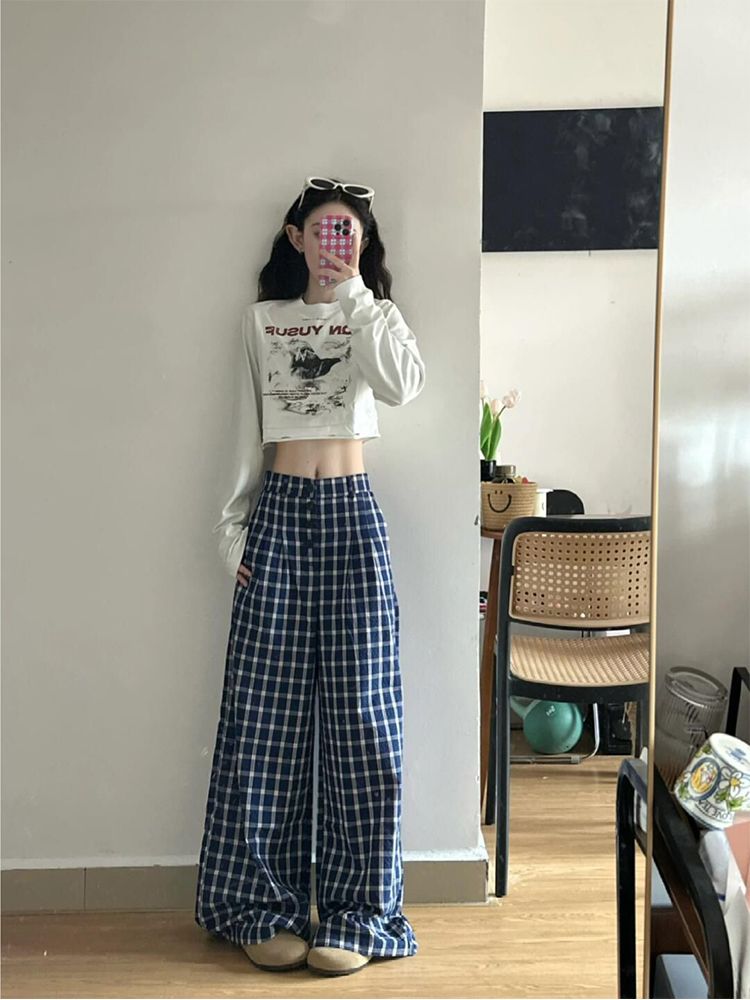 Original Fabric Design Wide-Leg Pants for Women - Summer New Arrival High-Waisted Casual Straight Leg Pants with Checked Pattern