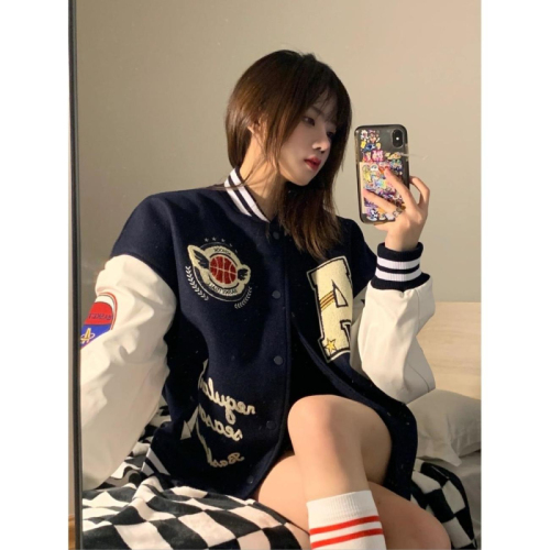 American hiphop retro national fashion brand jacket for women loose autumn and winter hip hop jacket baseball uniform jacket for women