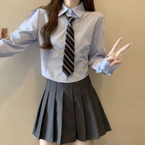 Women's Autumn College Style Retro Hong Kong Long-Sleeve Shirt, Youthful Reducing Age Collarless Blouse with Loose Short sleeves, New Korean Version