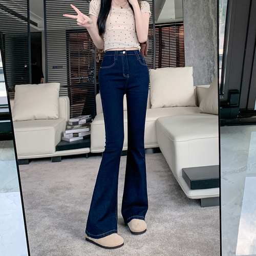 Photographed~ Retro Deep Blue Lined Micro Bell Bottom Women's Tailoring Slimming Leg Length Hoof Pants