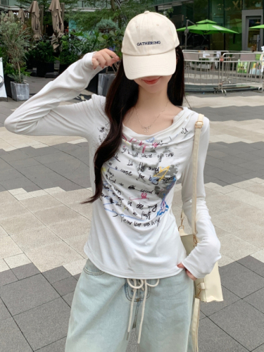 Real shot of rayon cut as you like 2024 autumn long-sleeved T-shirt women's slim hooded printed top