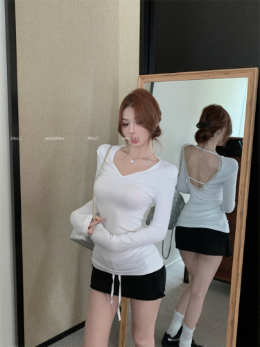 Real shot of pure lust lace hottie patchwork long-sleeved backless T-shirt slimming top