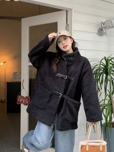 Actual shot of 600g lambswool coat for women, Korean style loose thickened mid-length fur one-piece particle coat