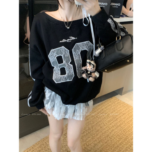 Photographed Loose and Lazy Letter Print Sweatshirt Pullover with Irregular Shoulder-Strap Long Sleeve Top