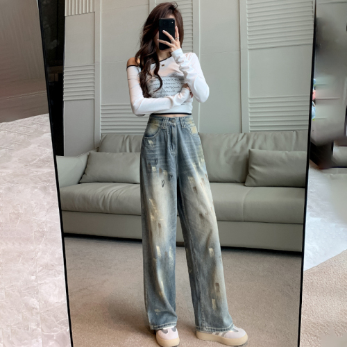 Trendy brand graffiti jeans women's American retro design loose floor-length trousers