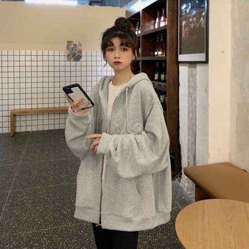 Women's sweatshirt autumn Korean version loose oversize hooded cardigan zipper early autumn jacket ins