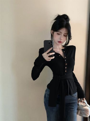 Real shot 2024 new Korean style temperament lace-up waist slimming long-sleeved knitted cardigan top