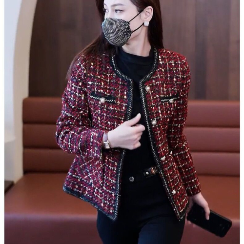 Internet celebrity slim fit top round neck spring and autumn new long-sleeved plaid small fragrance style high-end jacket women's short style