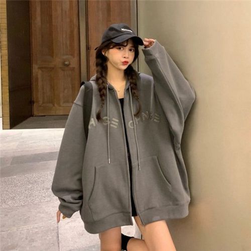 Women's sweatshirt autumn Korean version loose oversize hooded cardigan zipper early autumn jacket ins