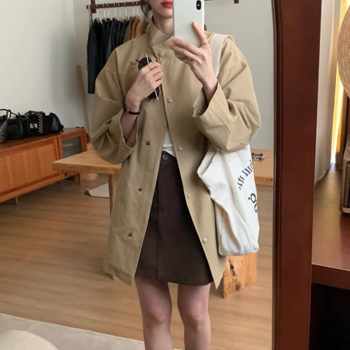 Khaki mid-length windbreaker jacket for women 2024 autumn and winter new style this year's popular coat for small people