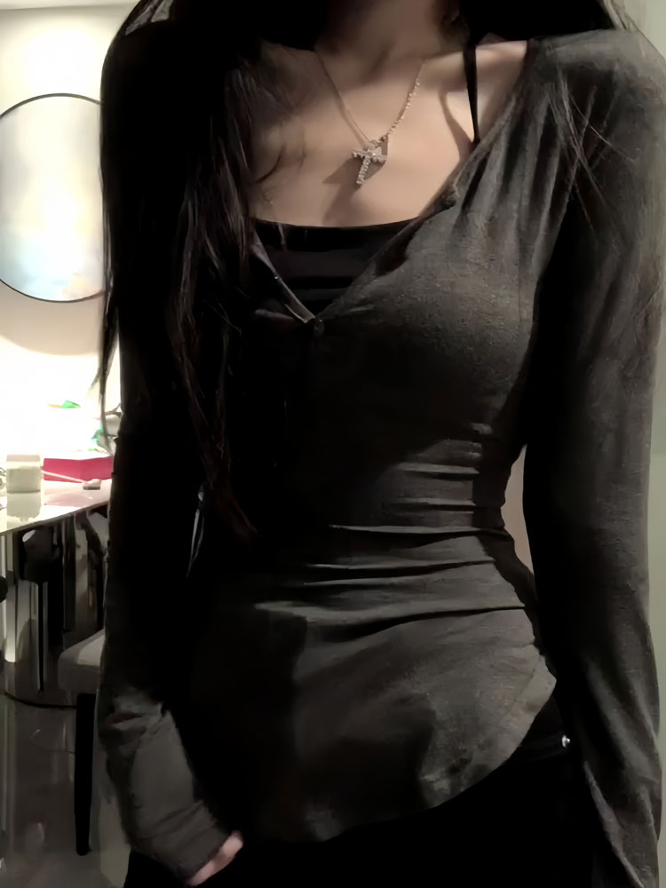 Pure lust style sexy hottie V-neck long-sleeved T-shirt for women autumn 2024 new inner layering shirt slim waist top