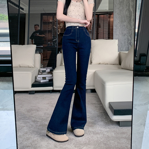 Photographed~ Retro Deep Blue Lined Micro Bell Bottom Women's Tailoring Slimming Leg Length Hoof Pants