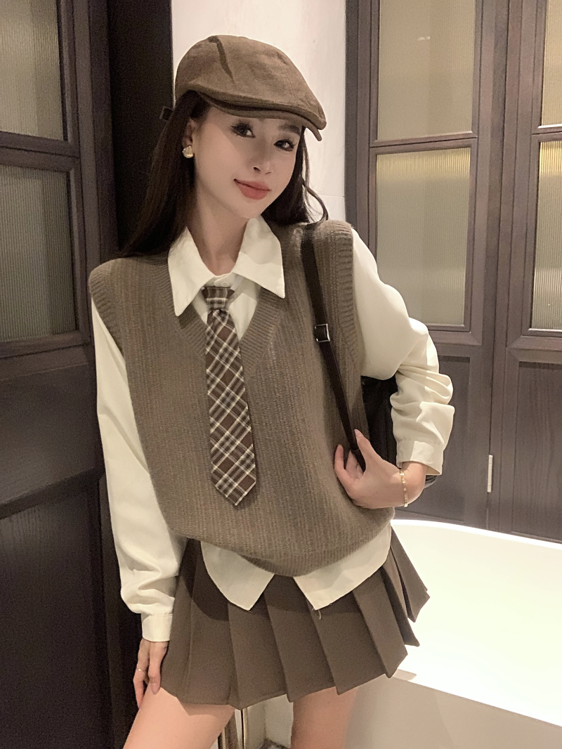Photographed Academic Style Set for Women: Knit Vest Top, Blouse, and Pleated Skirt - American Retro Three-Piece Set