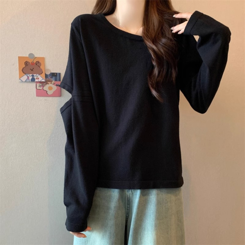 Original workmanship long-sleeved T-shirt bottoming shirt for women in autumn plus size fat MM slimming unique design hollow top