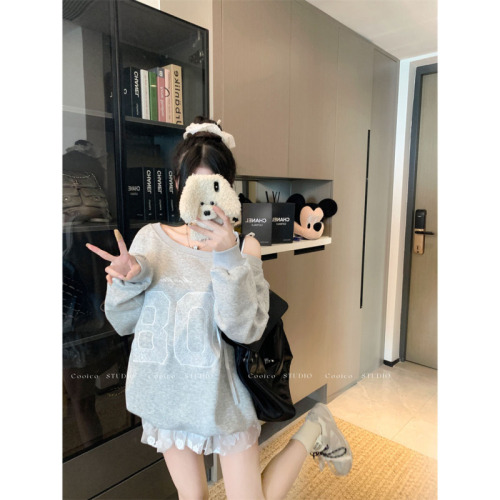 Photographed Loose and Lazy Letter Print Sweatshirt Pullover with Irregular Shoulder-Strap Long Sleeve Top