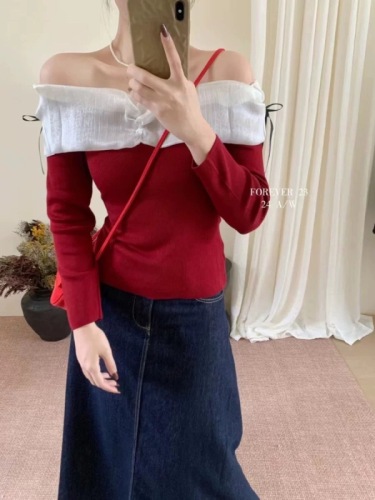 Guangzhou Thirteen Lines 2024 early autumn new high-end design sexy one-shoulder knitted sweater ruffled top for women