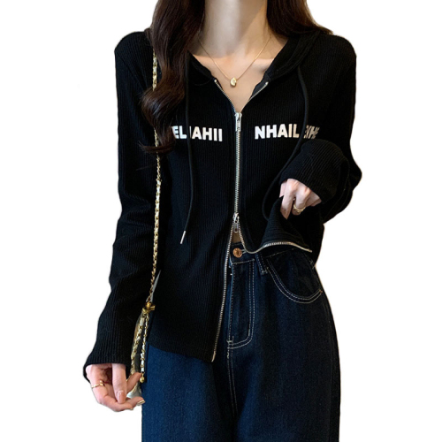 Original workmanship, large size design, niche double zipper hooded long-sleeved T-shirt for women, autumn right shoulder slim top