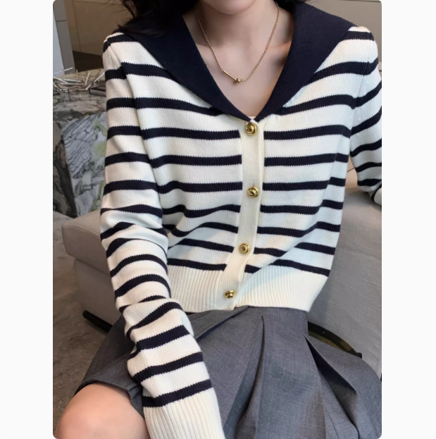 2024 Early Spring and Autumn New Navy Style Large Lapel Color Matching Versatile Striped Knitted Cardigan Jacket Women's Contrast Color Sweater Trend
