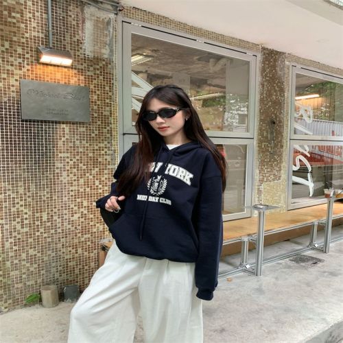 Letter printed hooded long-sleeved sweatshirt for women new retro casual loose top