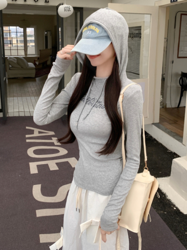 Real shot of rayon cut as you like 2024 autumn long-sleeved T-shirt women's hooded printed slim-fitting top