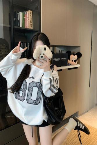 Photographed Loose and Lazy Letter Print Sweatshirt Pullover with Irregular Shoulder-Strap Long Sleeve Top