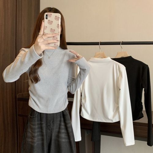 Actual shot of stretchy brushed half turtleneck bottoming shirt with top and slim pleated hot girl long-sleeved T-shirt