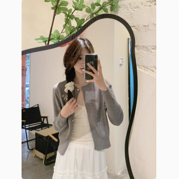 New bow embroidered gray knitted cardigan for women spring round neck soft glutinous miu style versatile top