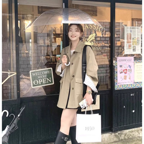 Korean retro khaki mid-length windbreaker for women 2024 spring and autumn high-end loose single-breasted casual jacket