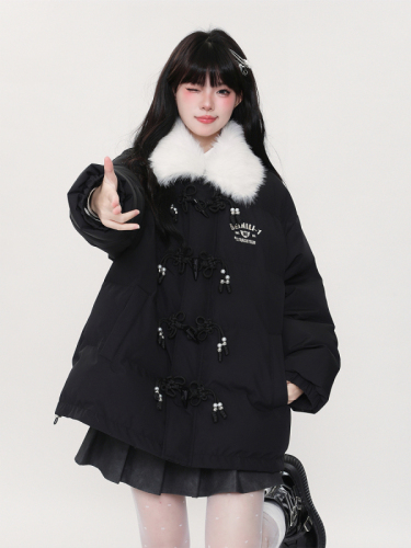 Designed horn button thickened down cotton coat for women winter Korean college style casual couple warm cotton coat