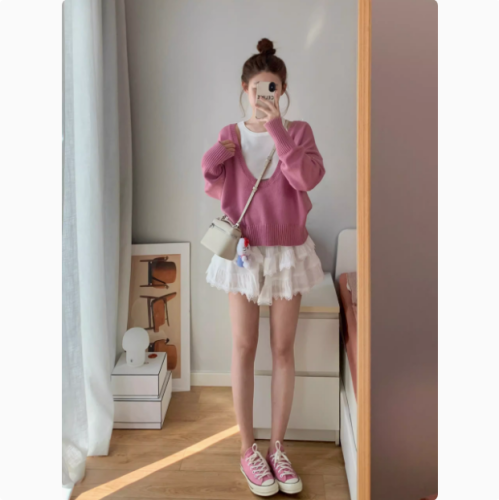 Pink large v-neck long-sleeved sweater for women 2024 spring French slim sleeveless vest layered two-piece top