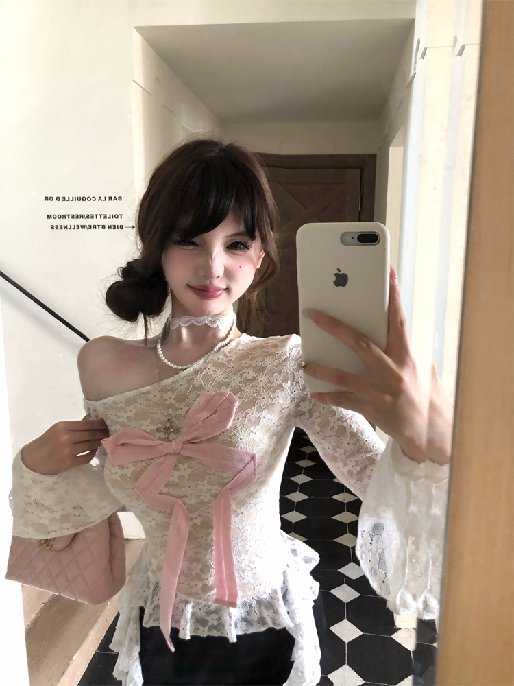 實拍  粉色蝴蝶結設計感斜肩蕾絲T恤上衣純欲甜美打底衫女
