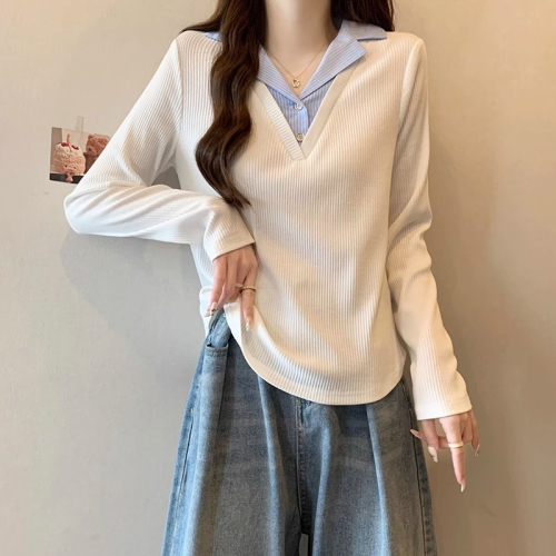 Original workmanship, early autumn fake two-piece loose inner bottoming shirt for fat mm, slimming and fashionable long-sleeved T-shirt top