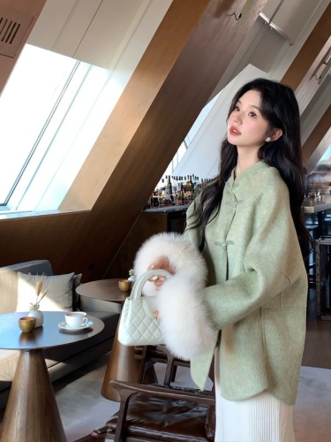 New Chinese style national style stand collar oblique buttoned woolen coat for women autumn and winter new loose and high-end sense of celebrity woolen coat trend