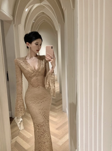 Real shot of V-neck dress for women in summer new slim and sexy hollow waist-exposed long-sleeved lace hip-covering long skirt