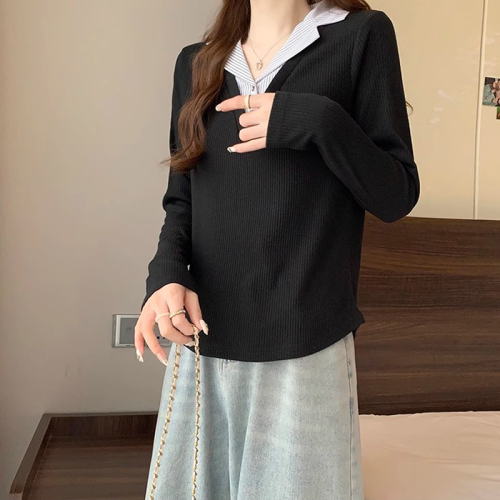 Original workmanship, early autumn fake two-piece loose inner bottoming shirt for fat mm, slimming and fashionable long-sleeved T-shirt top