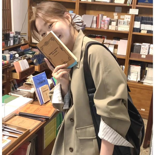 Korean retro khaki mid-length windbreaker for women 2024 spring and autumn high-end loose single-breasted casual jacket