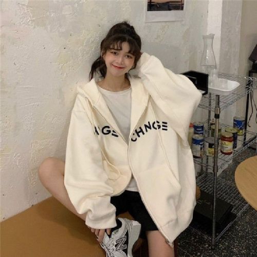 Women's sweatshirt autumn Korean version loose oversize hooded cardigan zipper early autumn jacket ins