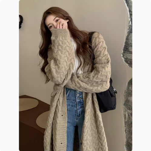 Retro twist sweater coat autumn and winter Korean version 2024 new design long over-the-knee long-sleeved knitted coat for women