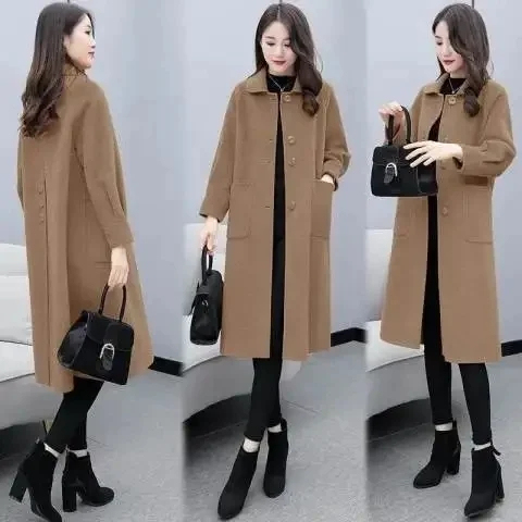 Coat Women's Medium Long 2024 Korean Style Autumn and Winter Lantern Sleeve Woolen Coat Women's Loose Woolen Coat