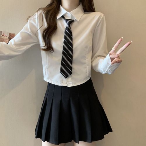 Women's Autumn College Style Retro Hong Kong Long-Sleeve Shirt, Youthful Reducing Age Collarless Blouse with Loose Short sleeves, New Korean Version
