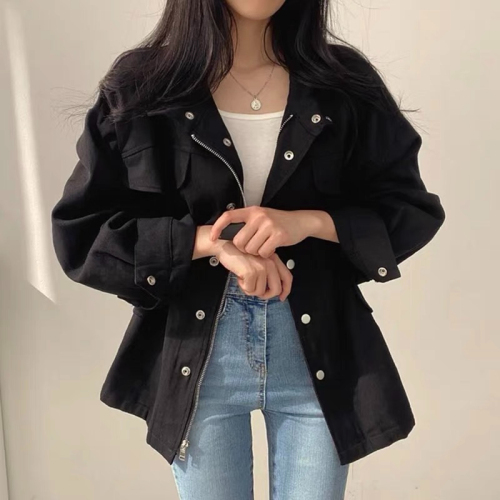 Korean chic autumn retro temperament fake pocket design drawstring waist slimming work jacket windbreaker coat for women