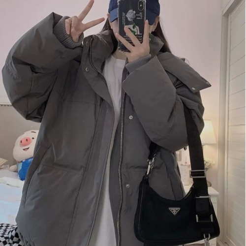 Gray down cotton coat for women 2024 new winter thickened cotton coat mid-length small hooded coat