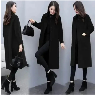 Coat Women's Medium Long 2024 Korean Style Autumn and Winter Lantern Sleeve Woolen Coat Women's Loose Woolen Coat