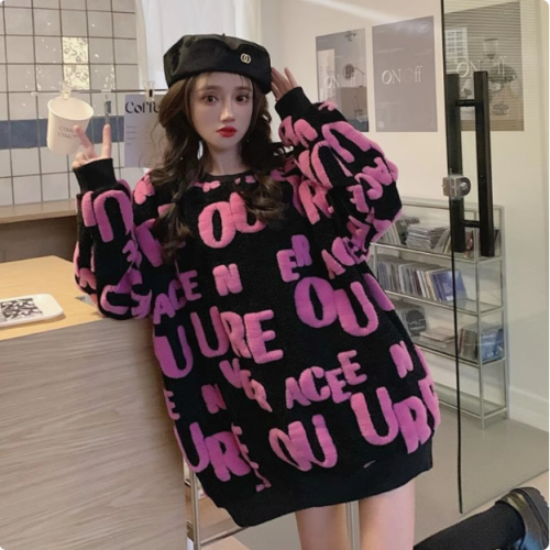 European lettered plush thickened pullover sweatshirt for women autumn and winter 2024 new loose and lazy niche mid-length top