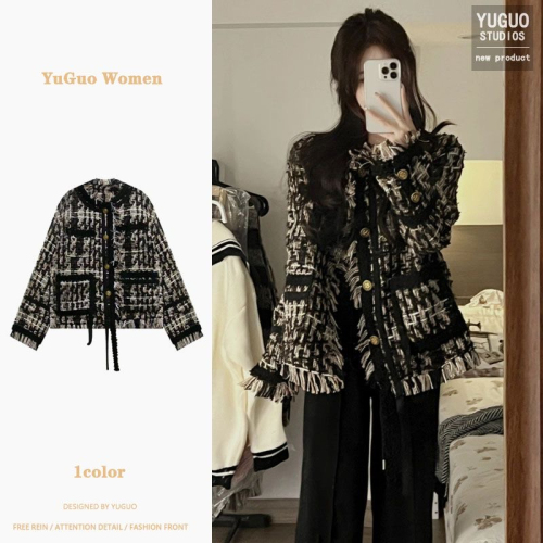 2024 campus style heavy industry black gold braided tassel high-end autumn and winter small fragrance style retro customized jacket