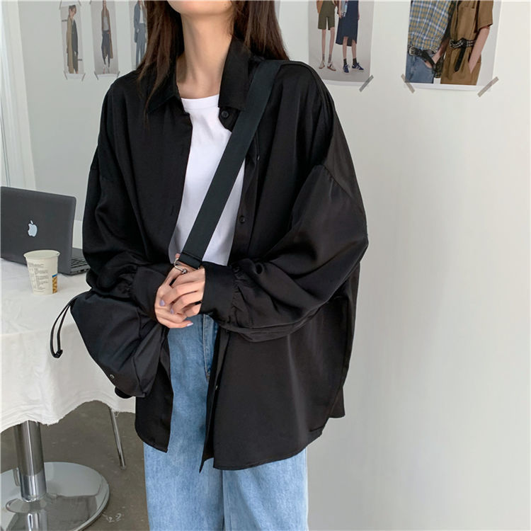 Spring and Autumn Long Sleeve Han Style Loose Black Lantern Sleeve Shirt Women's Top Middle Length Lazy Style Versatile Outerwear for Girls