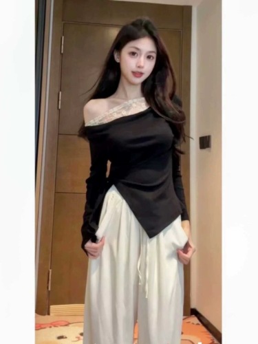 Pure desire temperament oblique shoulder lace splicing long-sleeved T-shirt for women early autumn new slim fit lace-up slit bottoming shirt