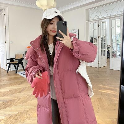 Real shot of mid-length down-padded jacket for women with removable hood, Korean style loose fat MM Hong Kong style over-the-knee bread jacket