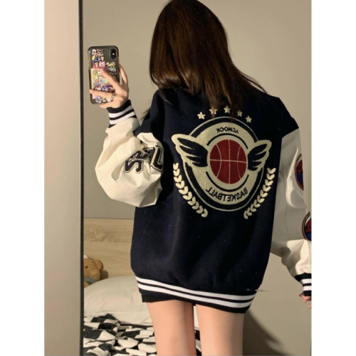 American hiphop retro national fashion brand jacket for women loose autumn and winter hip hop jacket baseball uniform jacket for women